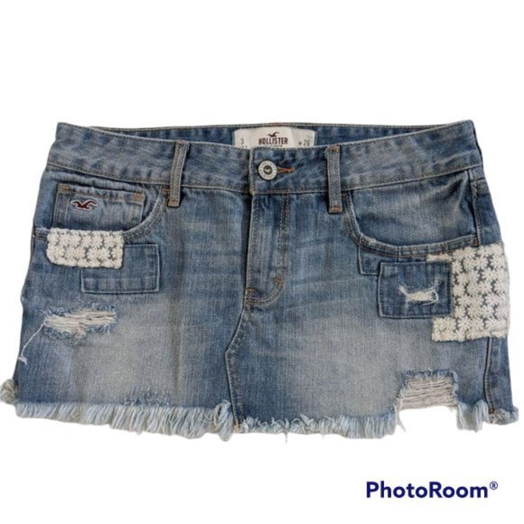 Hollister Skirt Women Size 26 Denim Mini Distressed Daisy Flower Lace Small - Picture 1 of 7